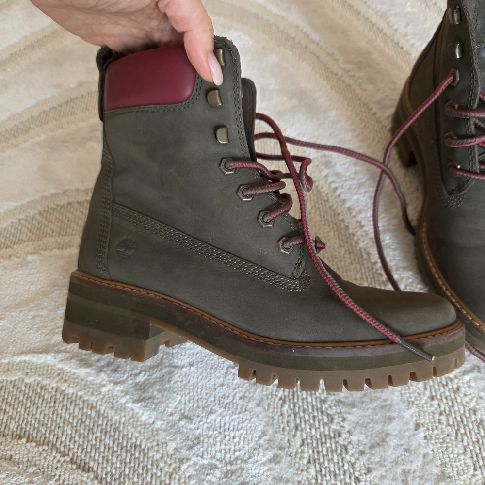 Timberland Women's Dark Brown Combat Boots with Burgundy Accents